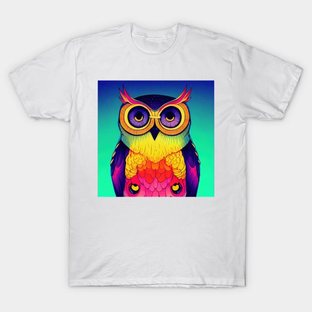 Colorful Owl Portrait Illustration - Bright Vibrant Colors Bohemian Style Feathers Psychedelic Bird Animal Rainbow Colored Art T-Shirt by JensenArtCo